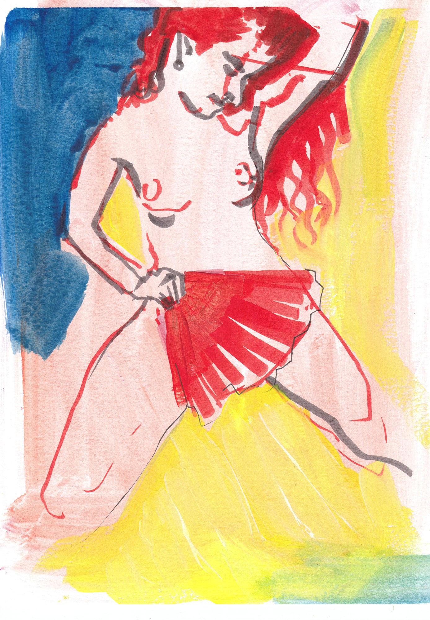 Painting of woman with red fan. Pink skin tone. Yellow and blue background.