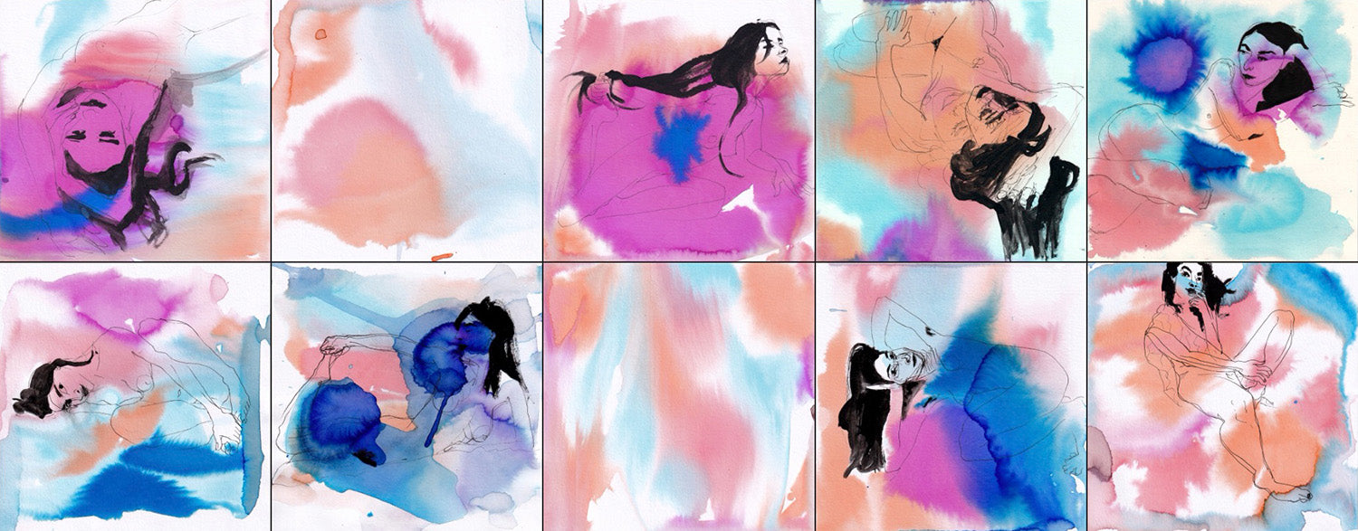 Section of an artwork by Frankie Sinclair. 10 square pictures tiled together. Most are line drawings of female models with black acrylic for hair and coloured watercolour background.