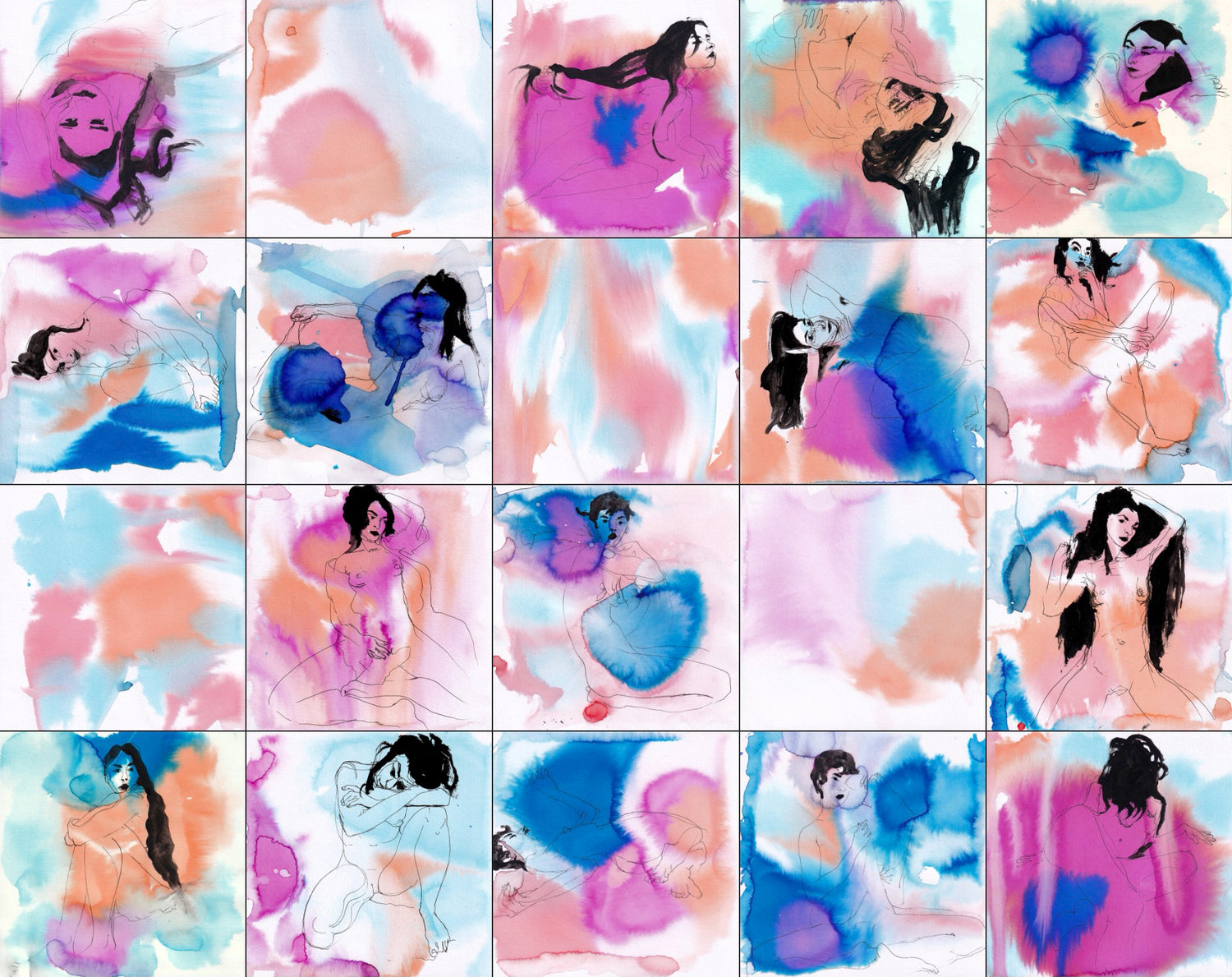 Grid of 16 small images featuring a stylized character in various poses with colorful abstract backgrounds. 