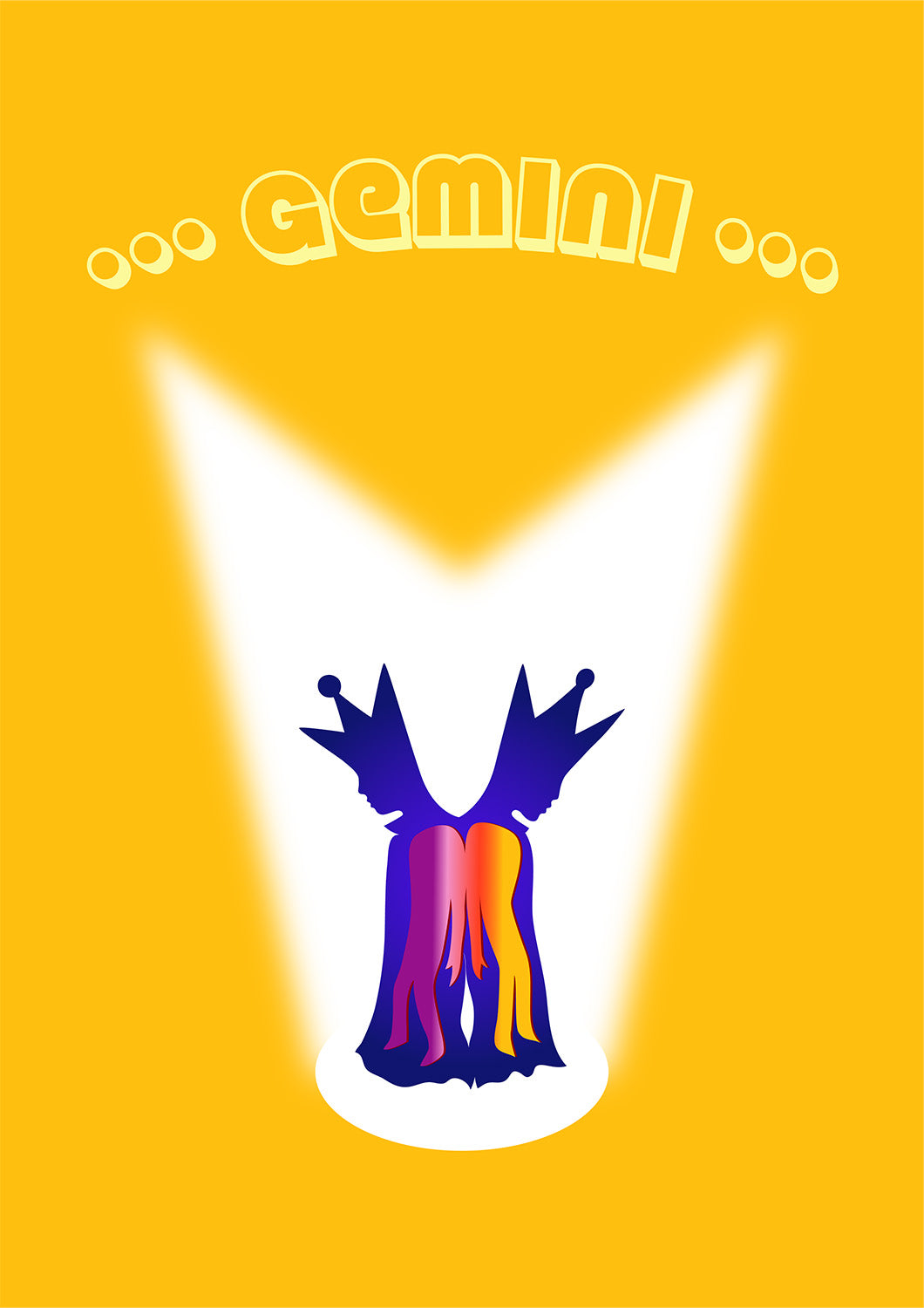 Gemini twin figures in costume with crowns on a yellow background