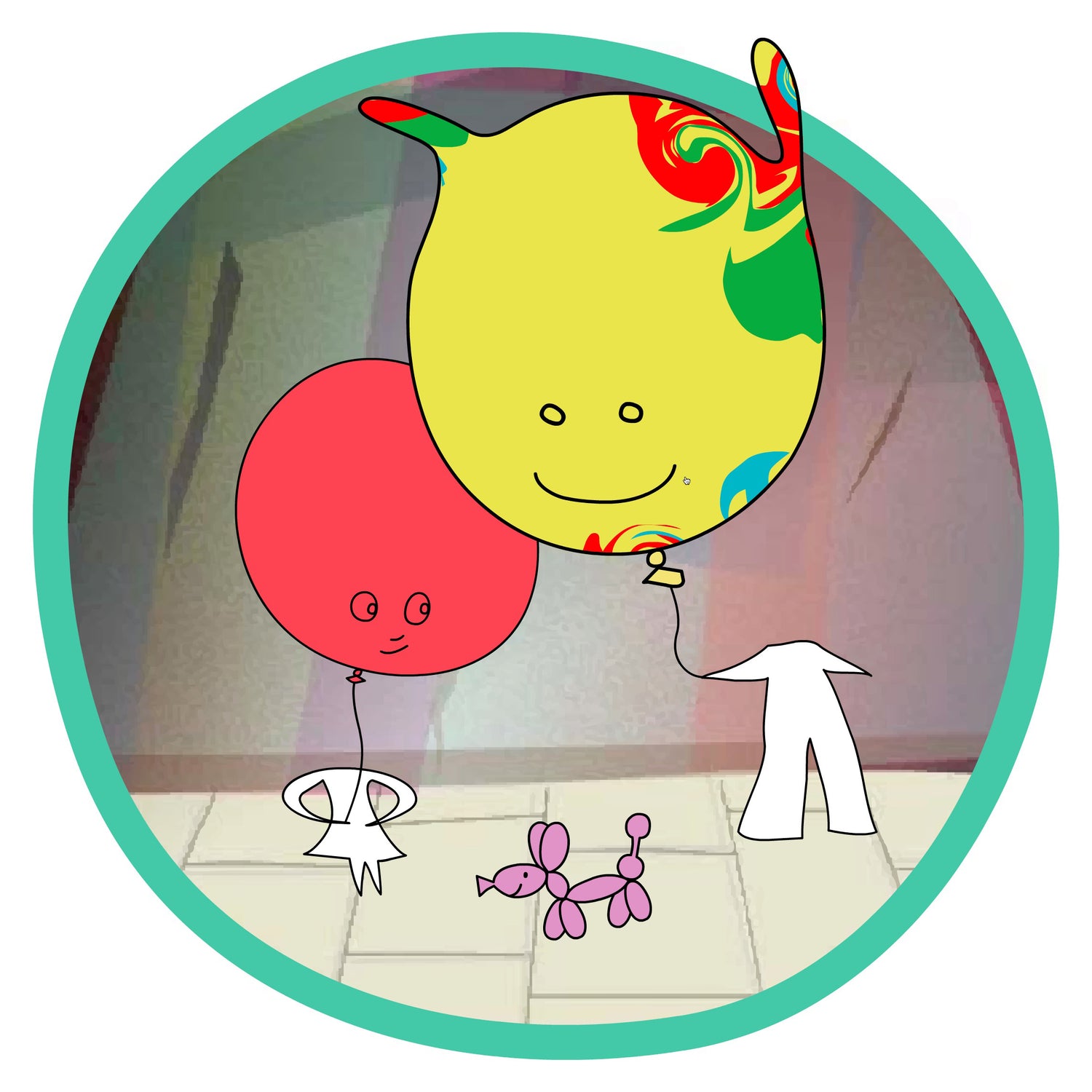 Cartoon balloons with faces and a dog made from a balloon on a pavement aka sidewalk.