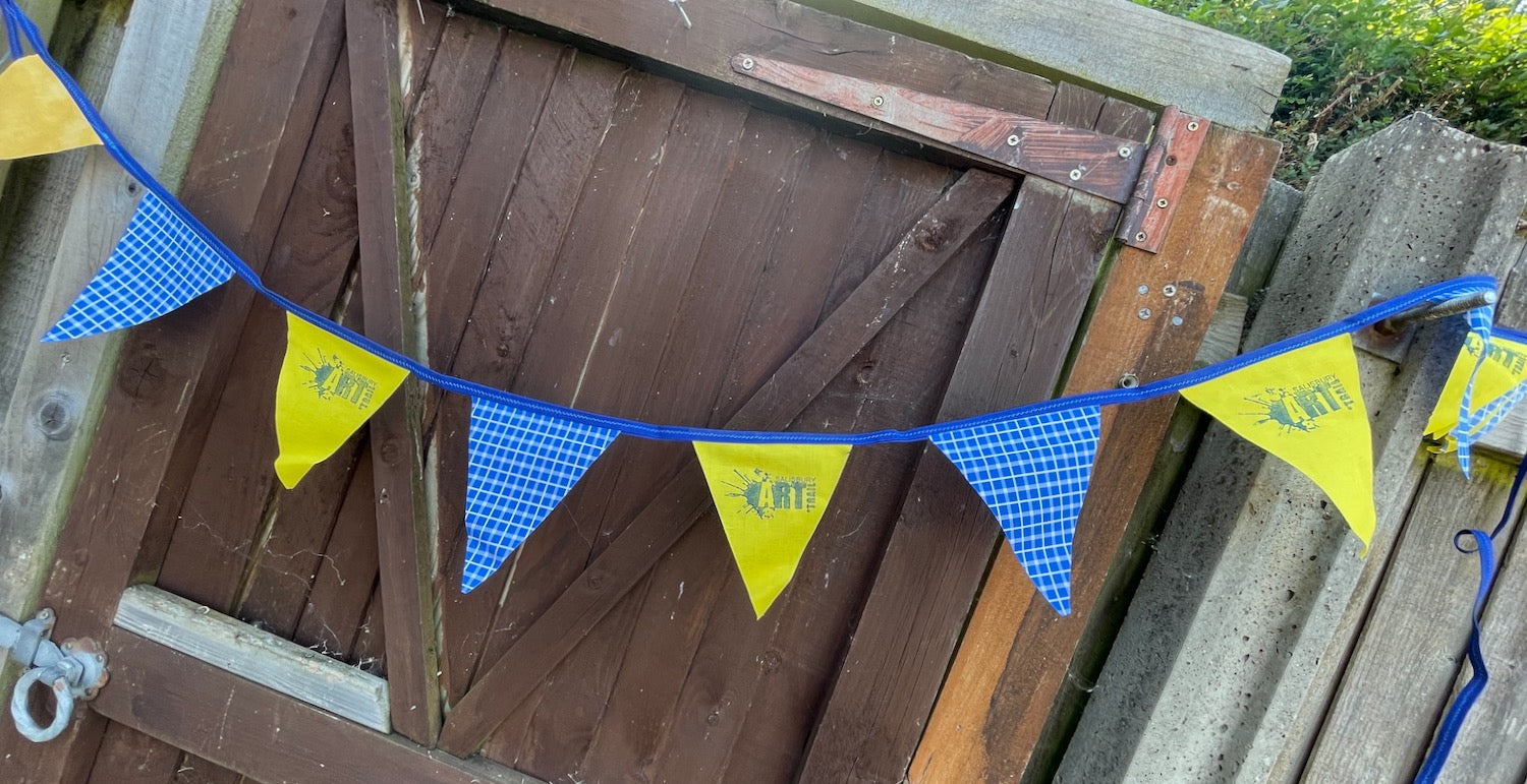 Yellow and blue Salisbury Art Trail bunting flags