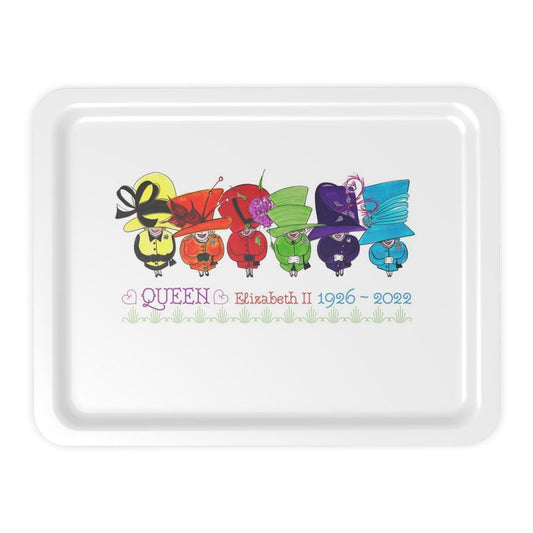 Oblong serving tray - QEII commemorative with row of rainbow Queens